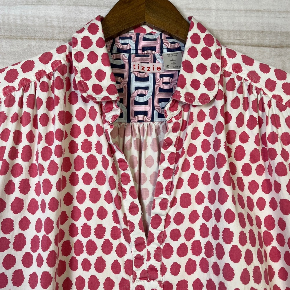 Tizzie Pink Dot Tunic Shirt Dress 3/4 Sleeve V Neck Women's coverup resort L - Picture 8 of 15